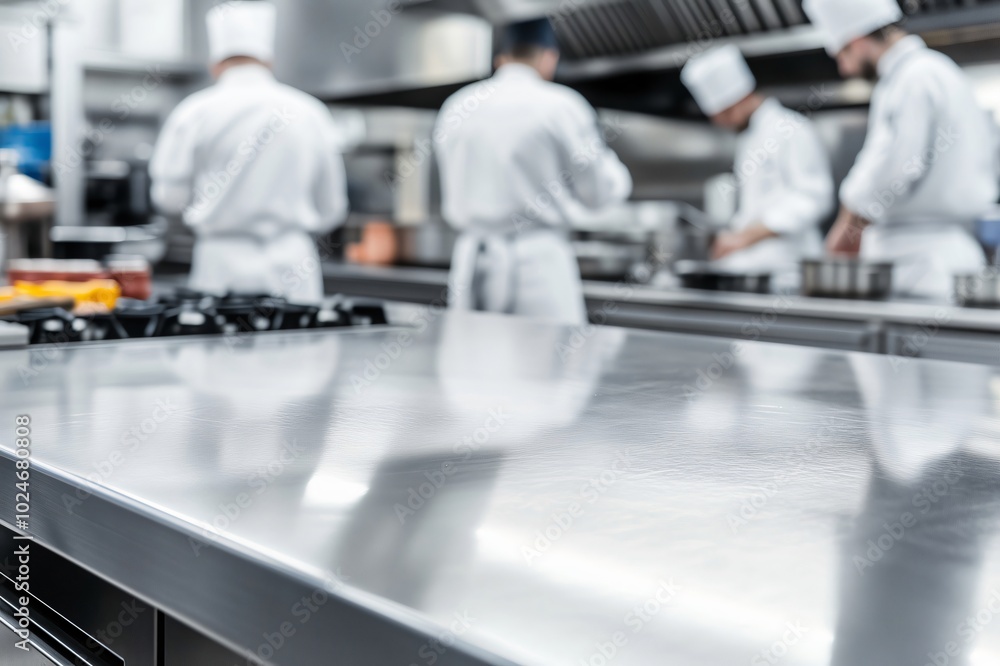 Empty polished steel countertop with chefs working in a commercial kitchen in the background Empty polished steel countertop with chefs working in a commercial kitchen in the background