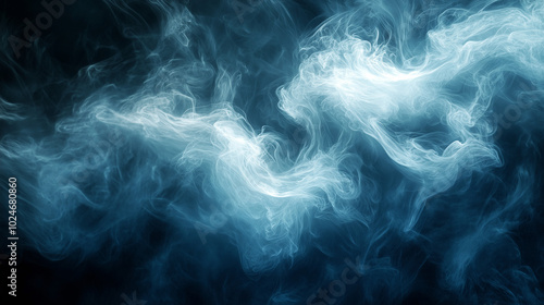 Ethereal Blue and White Misty Swirls in Motion Across a Dark Background