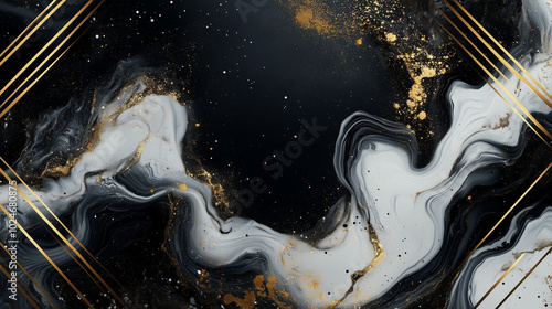 Abstract Black White and Gold Fluid Swirl with Angular Metallic Accents photo