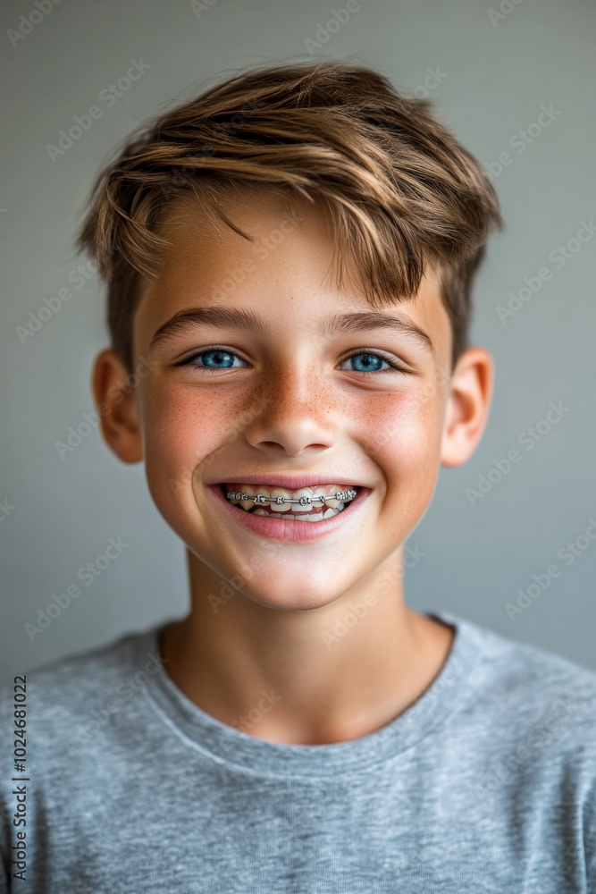 A cheerful young Caucasian boy with a wide grin displays his silver braces. His sparkling blue eyes and bright smile reflect his enthusiasm about getting braces, highlighting the transformative A cheerful young Caucasian boy with a wide grin displays his silver braces. His sparkling blue eyes and bright smile reflect his enthusiasm about getting braces, highlighting the transformative