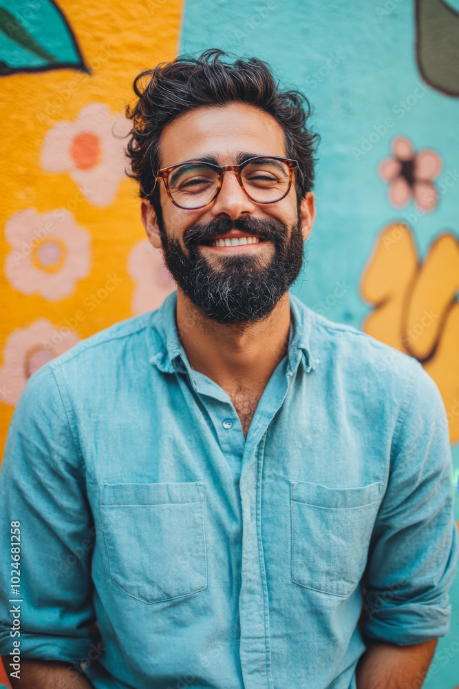 A cheerful portrait of a Hispanic man with a stylish beard, wearing a casual blue shirt and glasses. He poses against a vibrant urban backdrop, radiating positivity and confidence, ideal for a A cheerful portrait of a Hispanic man with a stylish beard, wearing a casual blue shirt and glasses. He poses against a vibrant urban backdrop, radiating positivity and confidence, ideal for a