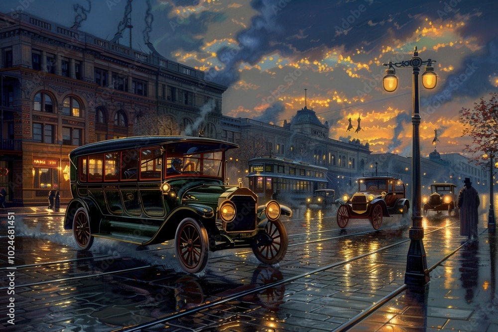 Obraz premium Vintage Transportation of the 1920s. Detailed Wallpaper Design