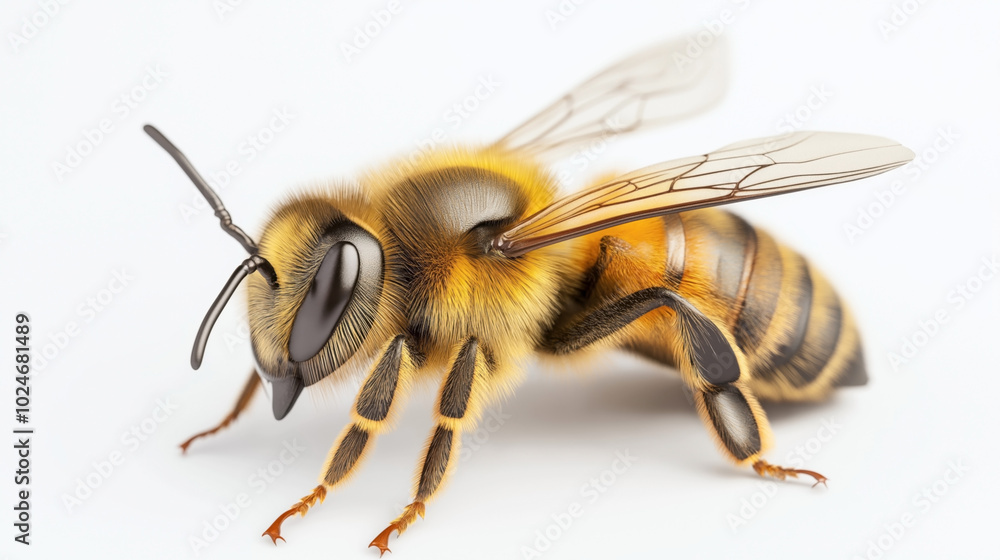 Close-up view of a highly detailed honey bee with visible wings, eyes, and legs on a plain background Close-up view of a highly detailed honey bee with visible wings, eyes, and legs on a plain background