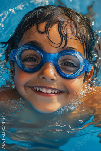 A cheerful Arabian girl with blue goggles swims with glee, her eyes sparkling as she glances at her parents from the pool. The warmth of the sun and the inviting blue water create a perfect backdrop photo