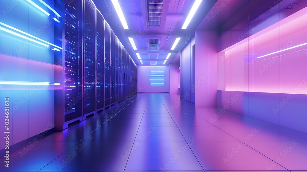 Fototapeta premium Modern server room illuminated by blue and purple ambient lighting creating a futuristic environment for network management and advanced cybersecurity technology in a data center