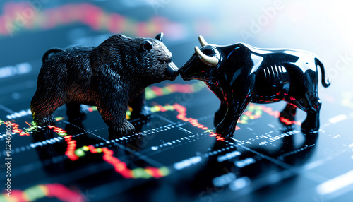 bear and bull figurine face off on stock market chart, symbolizing ongoing battle between market trends. This dramatic scene captures essence of financial dynamics and trading emotions photo