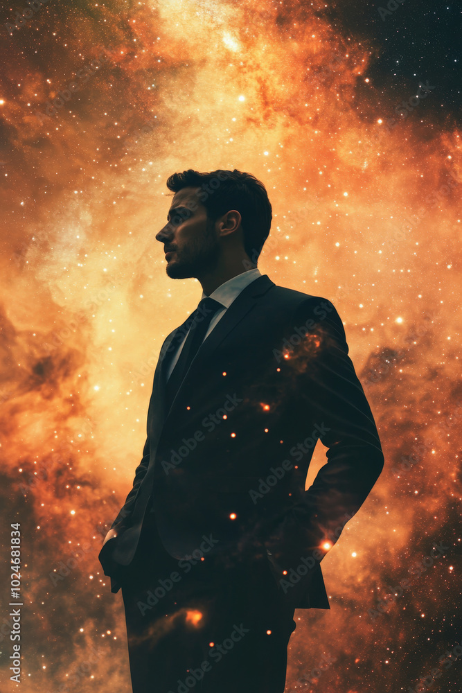 A charismatic male executive stands in a power pose against a backdrop of a cosmic night sky, filled with brilliant stars and glowing nebulae. The contrast of his sharp suit against the infinite A charismatic male executive stands in a power pose against a backdrop of a cosmic night sky, filled with brilliant stars and glowing nebulae. The contrast of his sharp suit against the infinite
