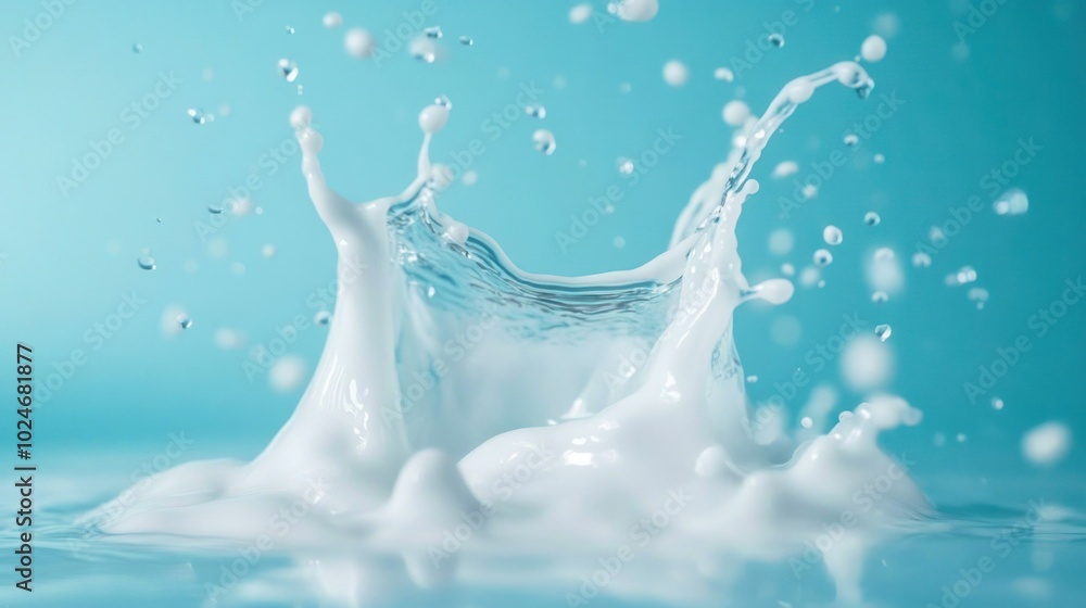 Milk splash captured mid-air against a pastel sky-blue background, with drops flying outward. Milk splash captured mid-air against a pastel sky-blue background, with drops flying outward.