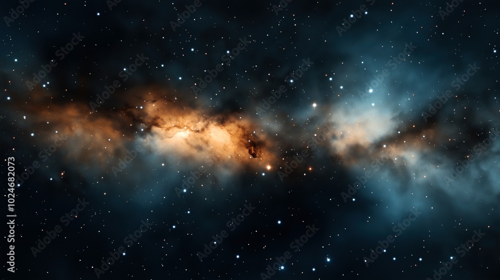 Naklejka premium Colorful nebula with bright stars and cosmic dust in deep space, displaying hues of orange, blue, and black, illustrating a celestial phenomenon.