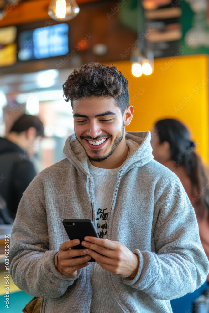 Young adult Hispanic man in a vibrant café, wearing casual clothes, smiling as he completes a cryptocurrency payment on his phone, with friends chatting around him. Young adult Hispanic man in a vibrant café, wearing casual clothes, smiling as he completes a cryptocurrency payment on his phone, with friends chatting around him.