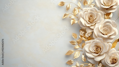 Elegant arrangement of cream roses and golden leaves on a soft background, ideal for invitations or decor.
