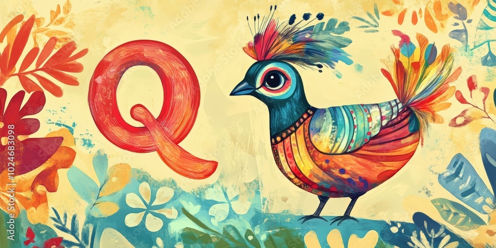 Fototapeta premium Colorful bird, letter Q, abstract floral background.