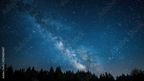 Panoramic blue night sky with milky way and stars on dark background. Fill the universe, nebulae and galaxies with noise and particles. Dark night sky.
