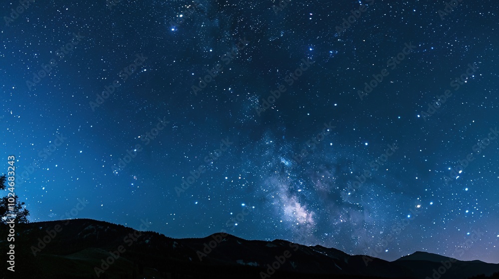 Fototapeta premium Panoramic blue night sky with milky way and stars on dark background. Fill the universe, nebulae and galaxies with noise and particles. Dark night sky.