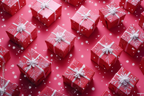 Red gift boxes with white snowflakes are displayed on a fuchsia background, creating a bold and vibrant holiday look. The bright pink tones add energy and excitement to the scene.