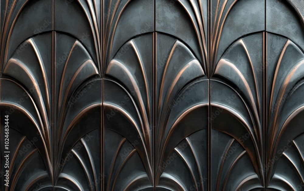 A decorative wall panel featuring elegant, curved patterns in a metallic finish. A decorative wall panel featuring elegant, curved patterns in a metallic finish.
