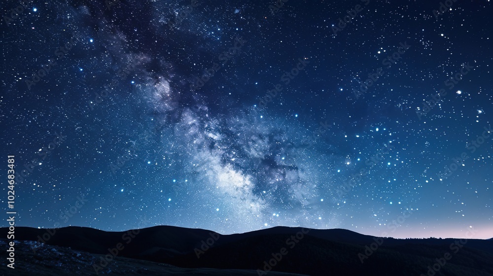 Panoramic blue night sky with milky way and stars on dark background. Fill the universe, nebulae and galaxies with noise and particles. Dark night sky. Panoramic blue night sky with milky way and stars on dark background. Fill the universe, nebulae and galaxies with noise and particles. Dark night sky.