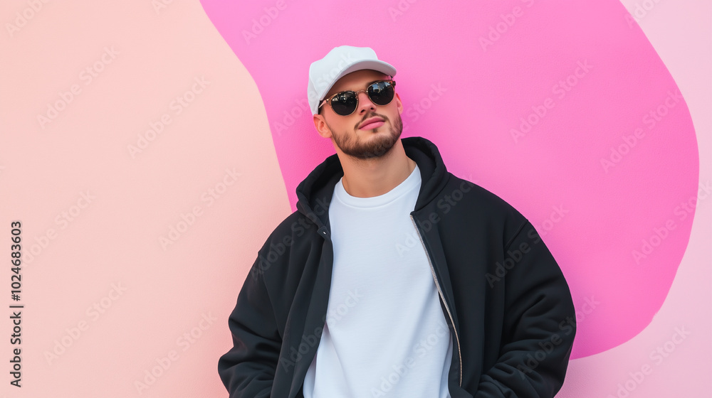 Obraz premium A man wearing a white shirt and a pink jacket stands in front of a colorful wall. The wall is covered in circles of different colors, creating a vibrant and lively atmosphere
