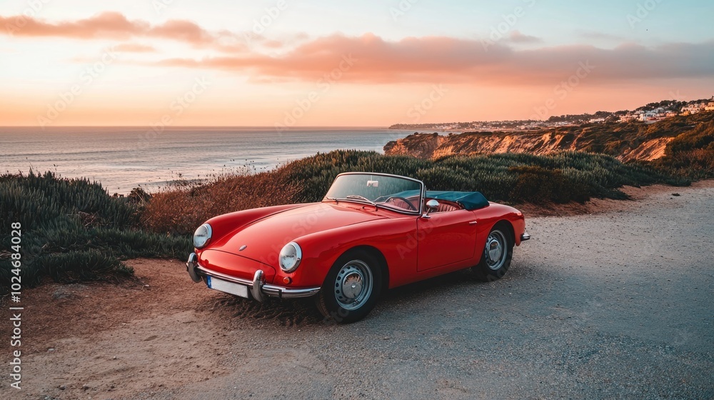 Fototapeta premium A classic red convertible car parked on a cliff overlooking the ocean at sunset.