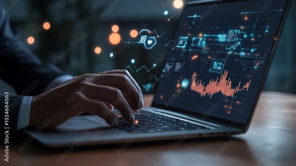 Businessman's hand on laptop with social media. Businessman's hand on laptop with social media.