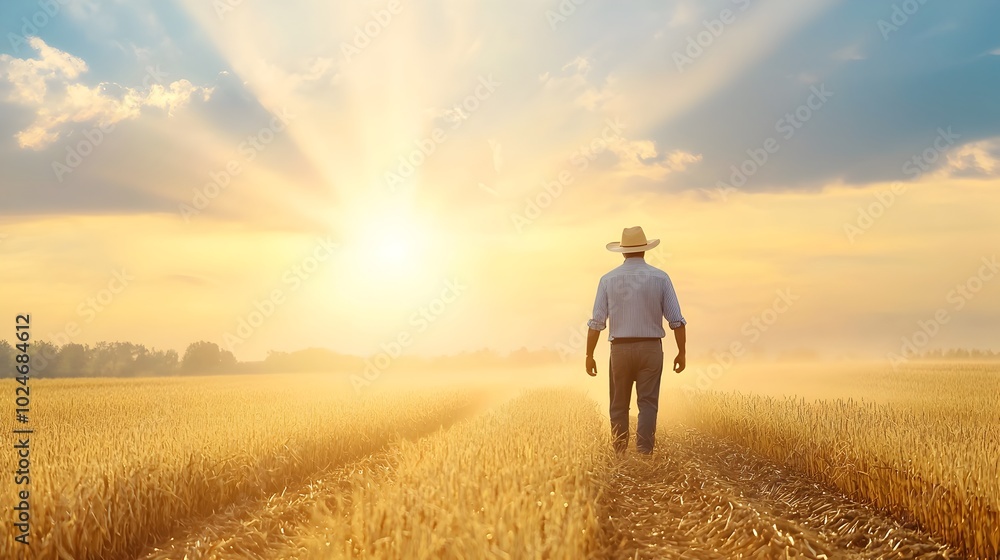 Farmer Harvesting Golden Crops in Glowing Field with Sunlit Dust Clouds Farmer Harvesting Golden Crops in Glowing Field with Sunlit Dust Clouds