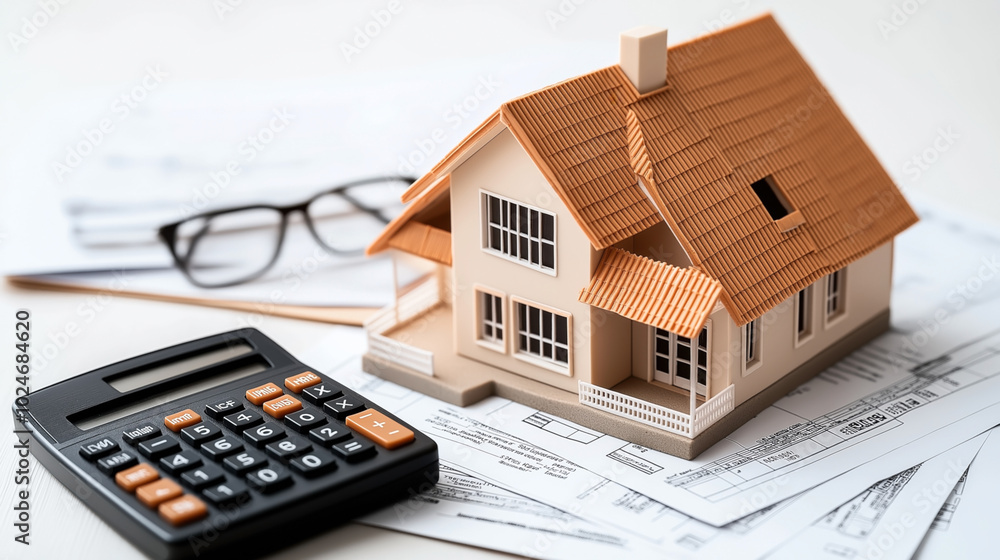 Model house with orange roof on real estate documents, calculator and eyeglasses nearby, symbolizing mortgage or property investment planning. Model house with orange roof on real estate documents, calculator and eyeglasses nearby, symbolizing mortgage or property investment planning.