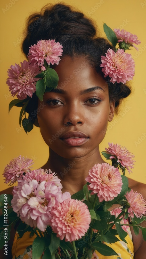 Woman wearing floral crown holding pink flowers, soft gradient background