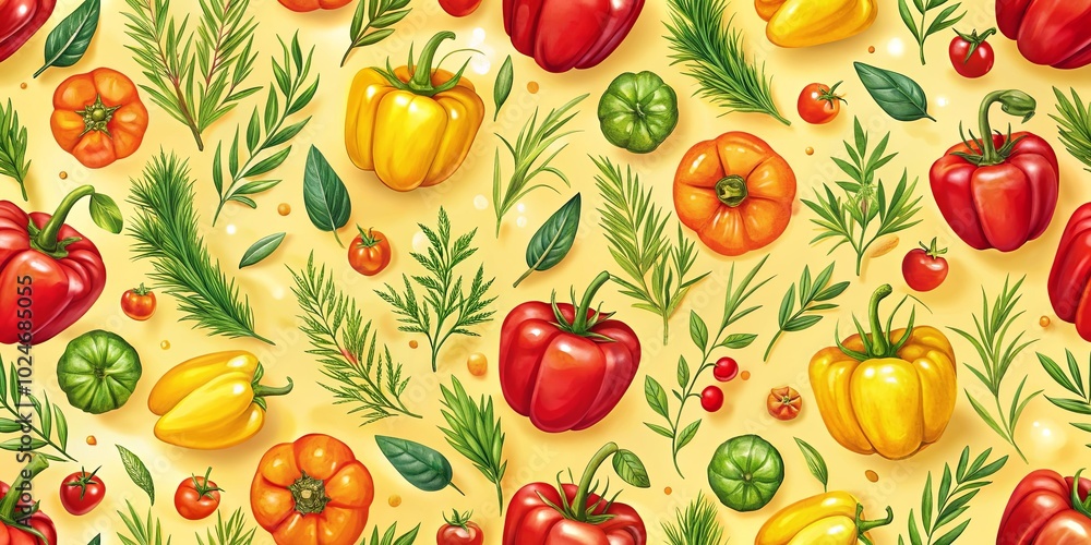 A Vibrant Pattern of Colorful Bell Peppers, Tomatoes, and Greenery on a Warm Yellow Background A Vibrant Pattern of Colorful Bell Peppers, Tomatoes, and Greenery on a Warm Yellow Background