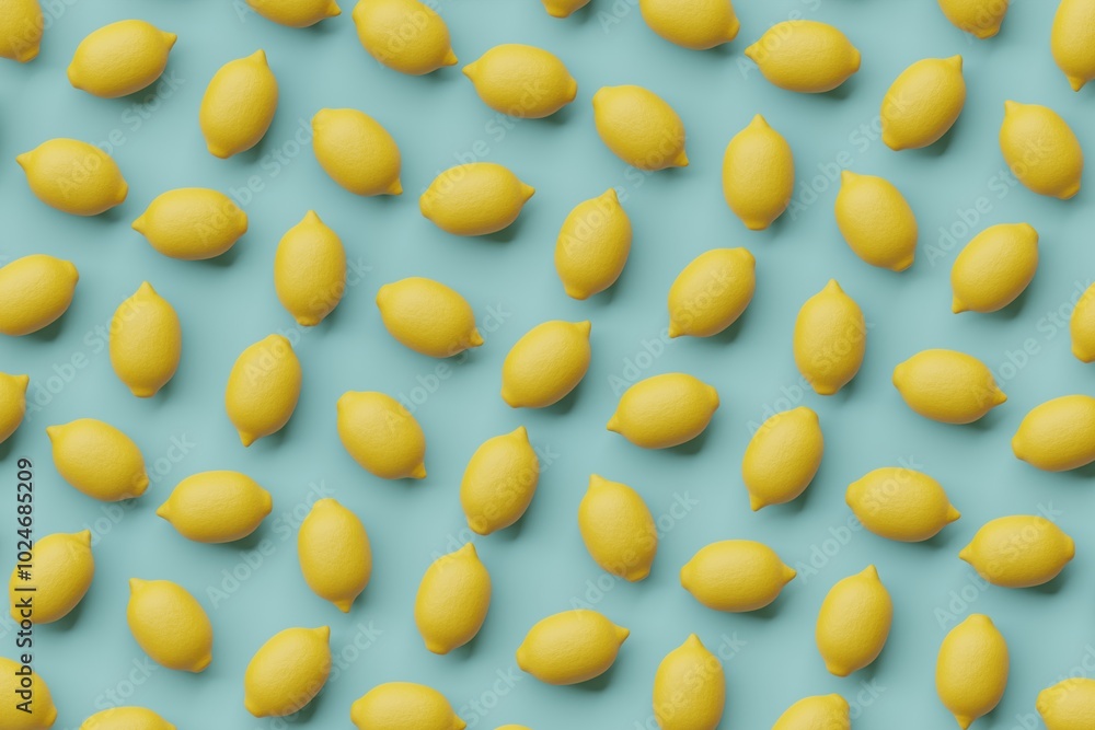Many lemons on cadet blue background. Top flat view, ordered. 3d render, illustration Many lemons on cadet blue background. Top flat view, ordered. 3d render, illustration