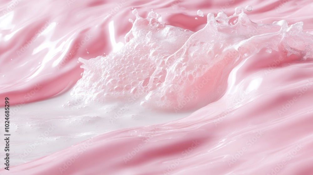 Spilled milk creating abstract wave patterns on a pastel pink background, with soft ripples. Spilled milk creating abstract wave patterns on a pastel pink background, with soft ripples.
