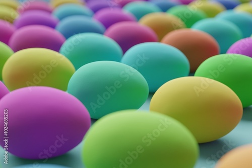 Many colorful eggs on cadet blue background. Closeup view, macro shot, selective focusmacro shot. 3d render, illustration