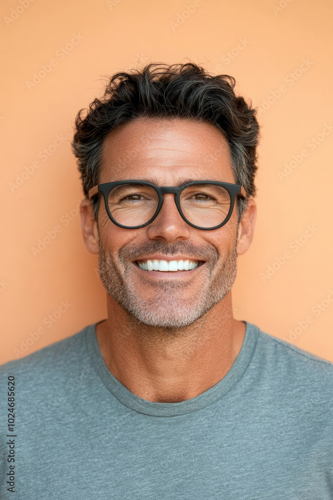 Middle-aged Caucasian man with glasses, friendly, approachable smile, against a light orange background, conveying confidence and cheerfulness. Middle-aged Caucasian man with glasses, friendly, approachable smile, against a light orange background, conveying confidence and cheerfulness.