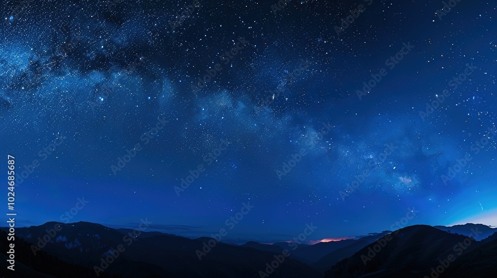 Panoramic blue night sky with milky way and stars on dark background. Fill the universe, nebulae and galaxies with noise and particles. Dark night sky. Panoramic blue night sky with milky way and stars on dark background. Fill the universe, nebulae and galaxies with noise and particles. Dark night sky.