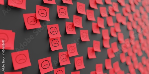 Many red stickers on black board background with sad face symbol drawn on them. Closeup view with narrow depth of field and selective focus. 3d render, Illustration