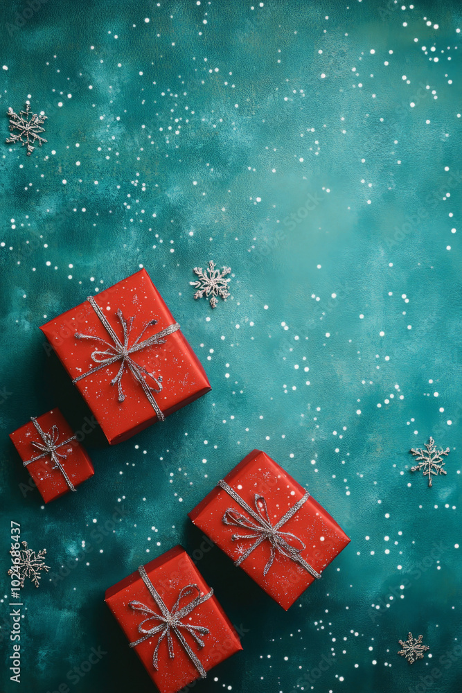 A set of red gift boxes with delicate snowflakes sits on a teal background. The rich, blue-green backdrop enhances the festive nature of the gifts, adding a touch of elegance to the scene.