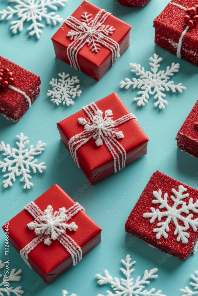 A set of red gift boxes with snowflakes is arranged on a bright cyan background, creating a vibrant and fresh holiday scene with cool, energetic tones. A set of red gift boxes with snowflakes is arranged on a bright cyan background, creating a vibrant and fresh holiday scene with cool, energetic tones.
