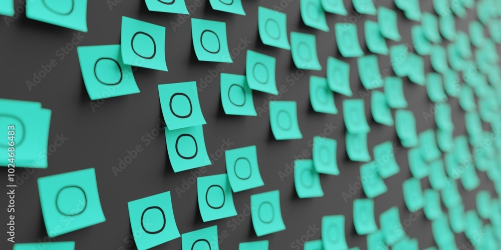 Many teal stickers on black board background with circle symbol drawn on them. Closeup view with narrow depth of field and selective focus. 3d render, Illustration Many teal stickers on black board background with circle symbol drawn on them. Closeup view with narrow depth of field and selective focus. 3d render, Illustration