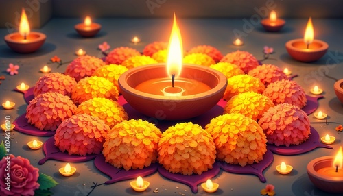 Vibrant marigold flowers arranged in a Diwali pattern with glowing lamps in a festive cartoon-style illustration