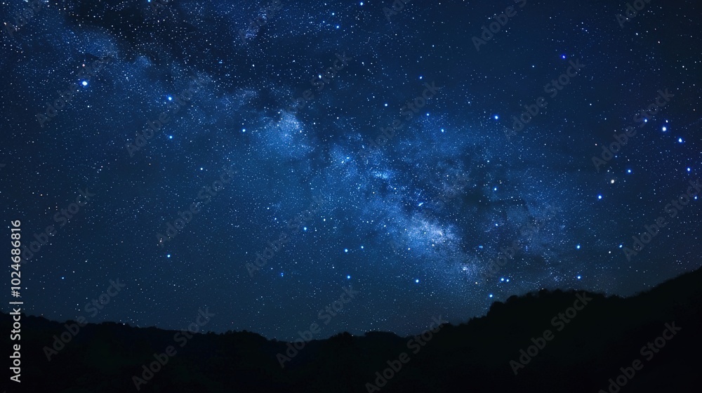 Panoramic blue night sky with milky way and stars on dark background. Fill the universe, nebulae and galaxies with noise and particles. Dark night sky. Panoramic blue night sky with milky way and stars on dark background. Fill the universe, nebulae and galaxies with noise and particles. Dark night sky.