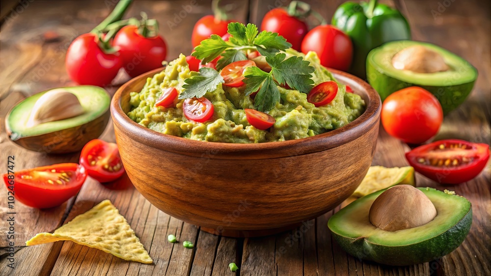 Aromatic Guacamole with Fresh Tomatoes, Parsley, and a Hint of Green Pepper in a Rustic Wooden Bowl Accompanied by a Crispy Tortilla Chip and Halved Avocados on a Weathered Wooden Surface. Aromatic Guacamole with Fresh Tomatoes, Parsley, and a Hint of Green Pepper in a Rustic Wooden Bowl Accompanied by a Crispy Tortilla Chip and Halved Avocados on a Weathered Wooden Surface.
