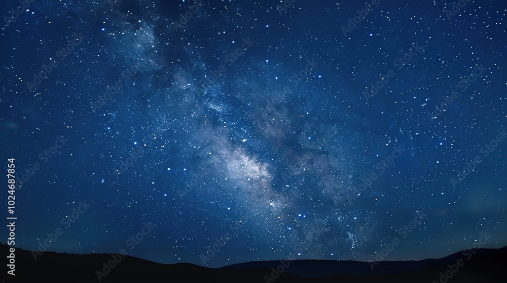 Fototapeta premium Panoramic blue night sky with milky way and stars on dark background. Fill the universe, nebulae and galaxies with noise and particles. Dark night sky.