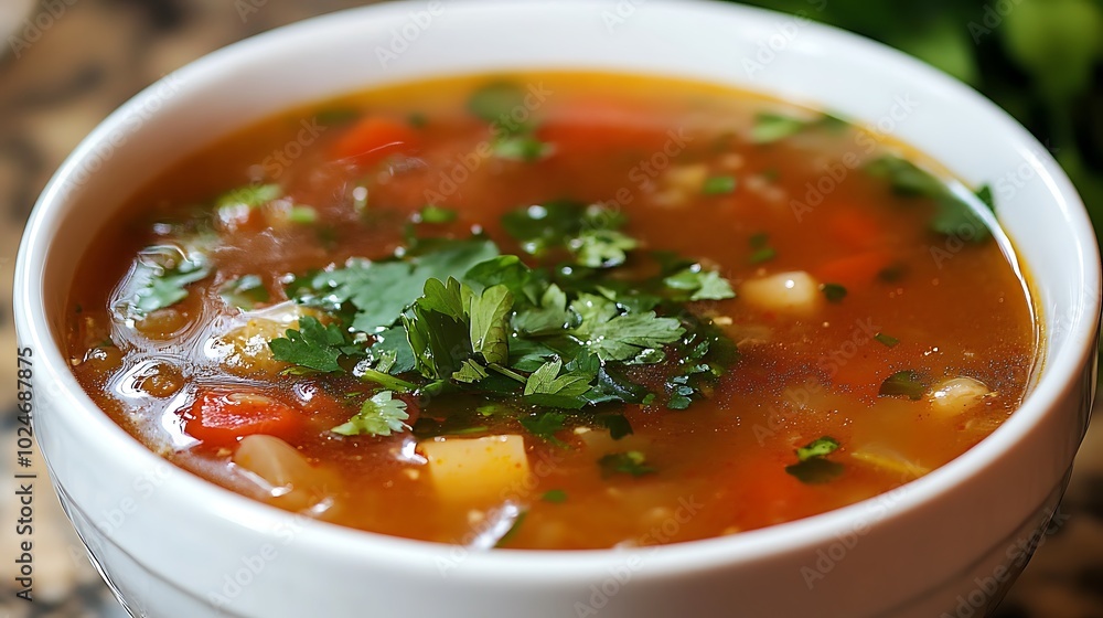 Soup Bowl Topped with Fresh Greens Soup Bowl Topped with Fresh Greens