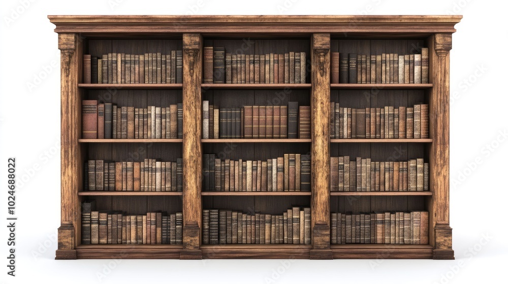 A large wooden bookcase with three sections, each with four shelves, filled with antique books. A large wooden bookcase with three sections, each with four shelves, filled with antique books.