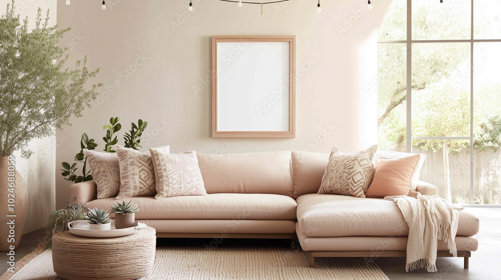 Fototapeta premium A living room with a white couch and a white coffee table. The couch is a sectional and the coffee table is wooden. There are two potted plants in the room, one on the left and one on the right