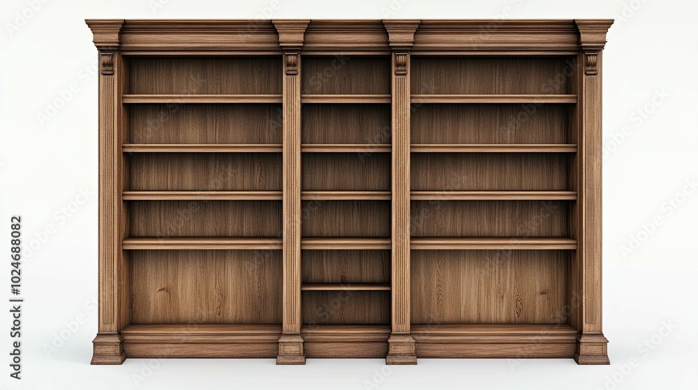A large, wooden bookcase with ornate details and multiple shelves. A large, wooden bookcase with ornate details and multiple shelves.