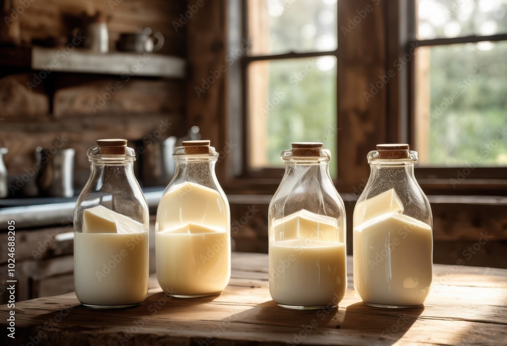 exquisite glass bottles fresh dairy resting gracefully rustic wooden table surrounded natural light, milk, cream, organic, clean, white, liquid, farm exquisite glass bottles fresh dairy resting gracefully rustic wooden table surrounded natural light, milk, cream, organic, clean, white, liquid, farm