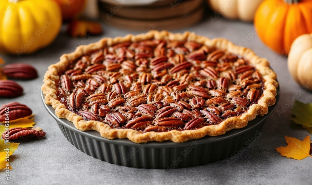 A pecan pie with a golden, flaky crust placed on a beautifully decorated Thanksgiving A pecan pie with a golden, flaky crust placed on a beautifully decorated Thanksgiving