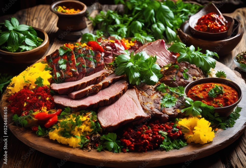 close aroma rich meat platter infused various spices featuring bright textures, artistry, barbecue, charcuterie, cooking, colors, cuisine, delicacies close aroma rich meat platter infused various spices featuring bright textures, artistry, barbecue, charcuterie, cooking, colors, cuisine, delicacies