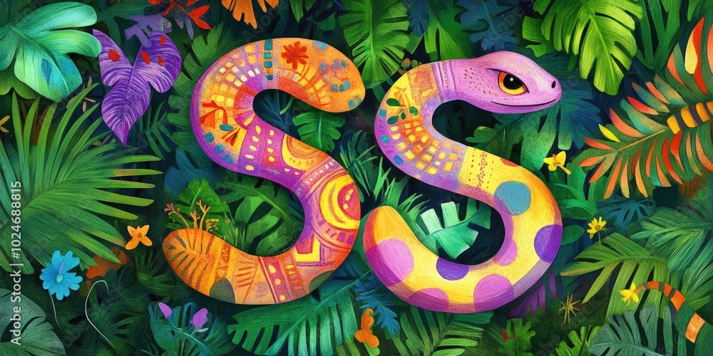 Colorful snake with a patterned body in jungle leaves. Colorful snake with a patterned body in jungle leaves.