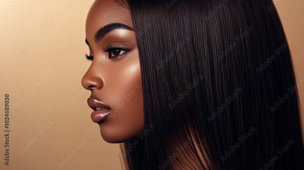 Fototapeta premium Closeup portrait of beautiful African American girl with perfect skin and long black hair. Copy space.